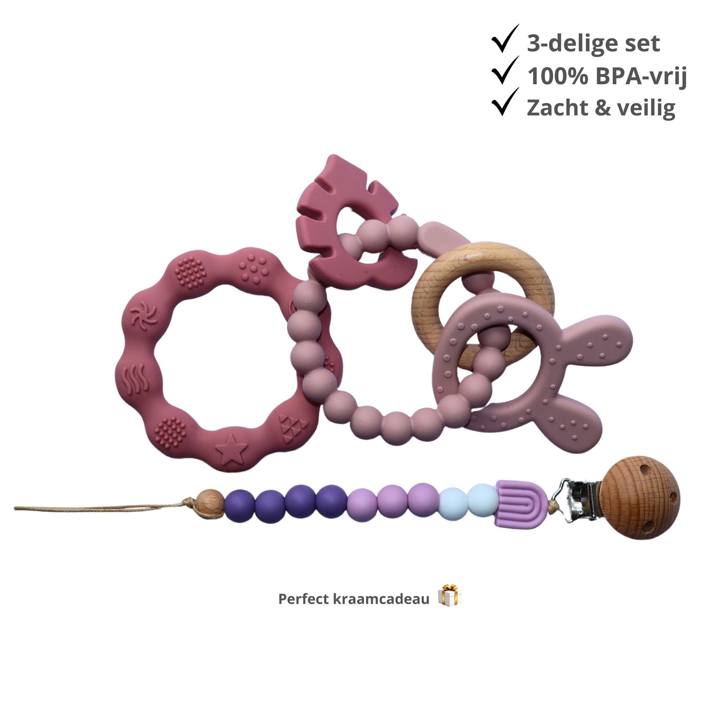 Zibbi Nature Lila - Set 3 delig Bijtring & Speenkoord